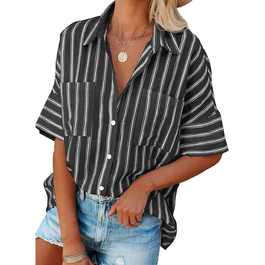 Damen V-Ausschnitt Gestreiftes Roll-Up-Manschetten-Knopfhemd-Top