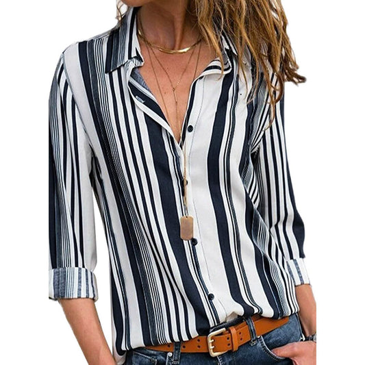 Damen V-Ausschnitt gestreift Roll-up-Ärmel Button-Down Blusen Top