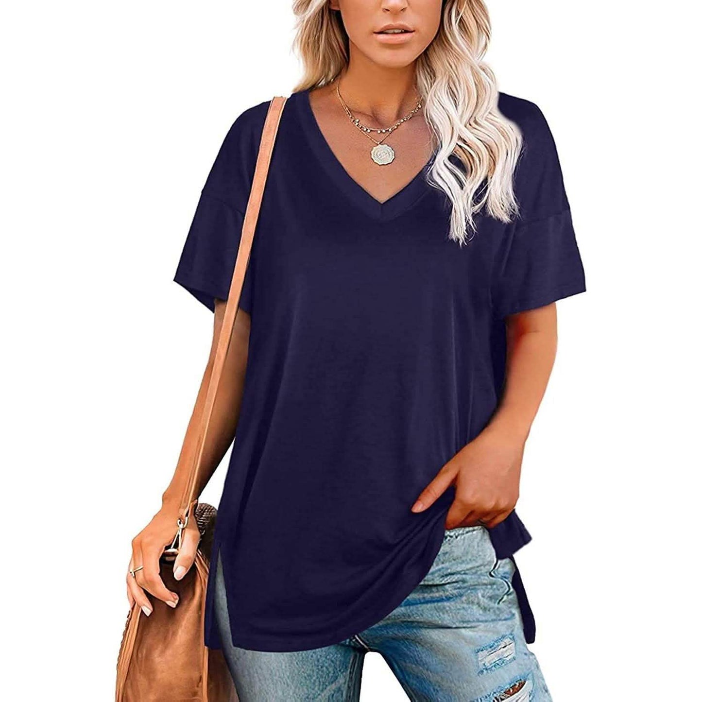 Damen V-Ausschnitt T-Shirts Basic Kurzarm Oberteile