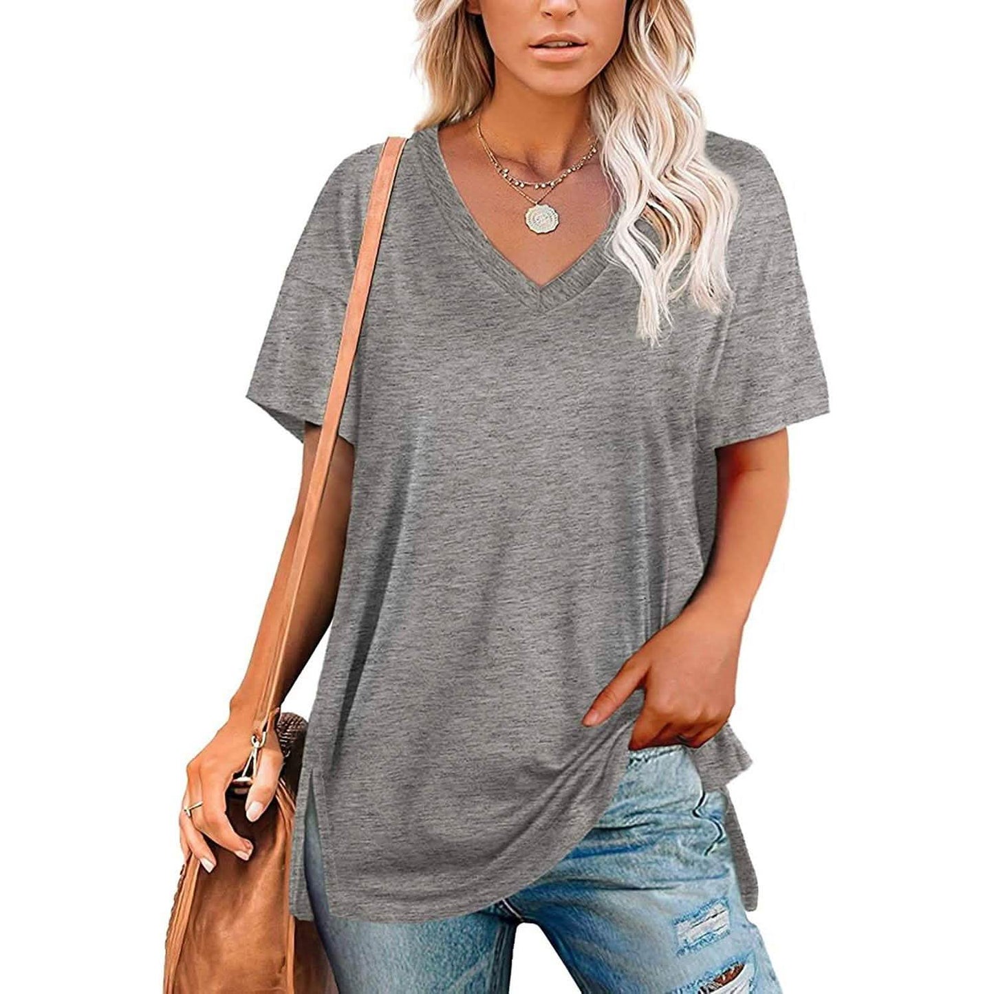 Damen V-Ausschnitt T-Shirts Basic Kurzarm Oberteile