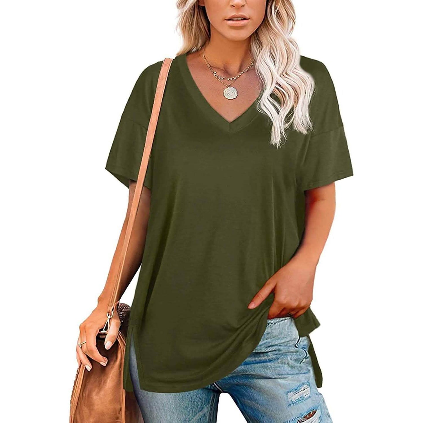 Damen V-Ausschnitt T-Shirts Basic Kurzarm Oberteile
