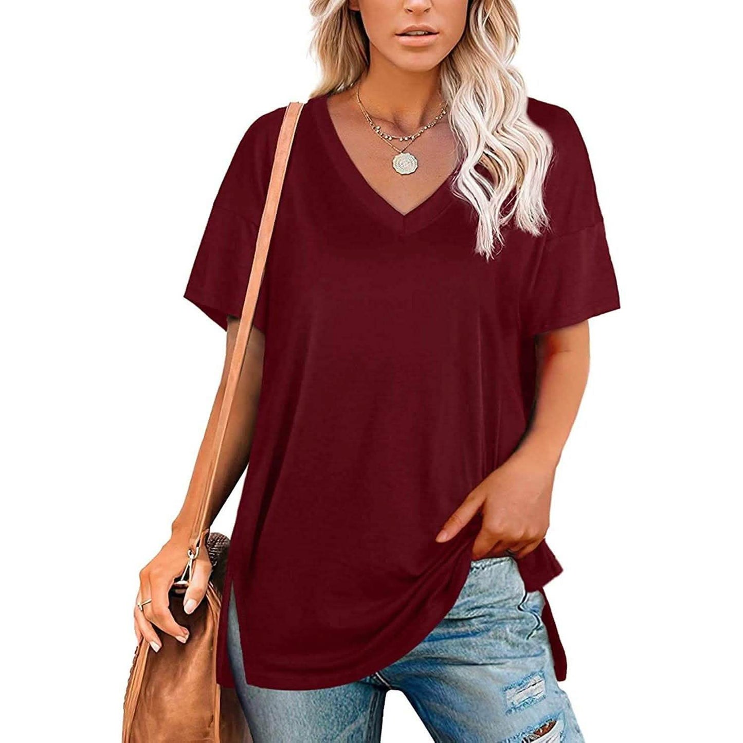 Damen V-Ausschnitt T-Shirts Basic Kurzarm Oberteile