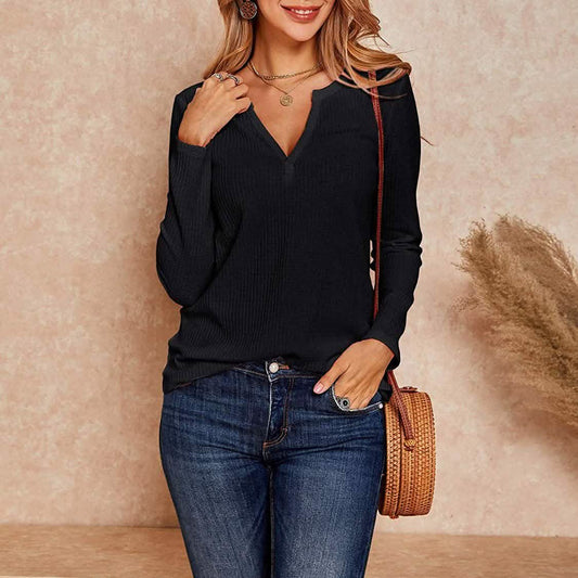 Damen Waffelstrick Henley Oberteile mit V-Ausschnitt