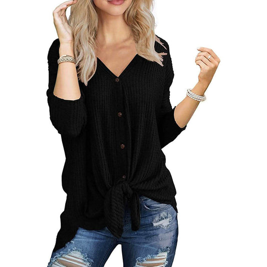 Damen Henley-Tunika aus Waffelstrick mit Bindeknoten
