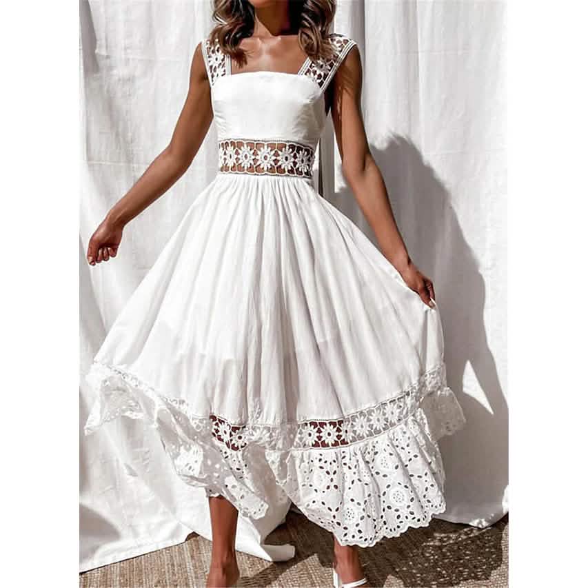 Damenärmelloses, einfarbiges Kleid mit Spitzeneinsatz in Weiß