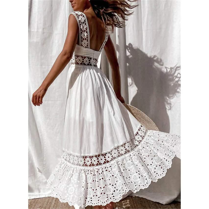 Damenärmelloses, einfarbiges Kleid mit Spitzeneinsatz in Weiß