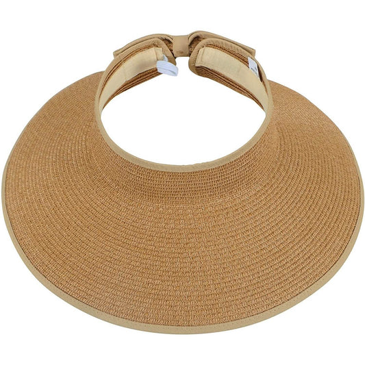 Sonnenhut für Damen mit breiter Krempe, aus Stroh, zusammenrollbar, als Sonnenblende tragbar