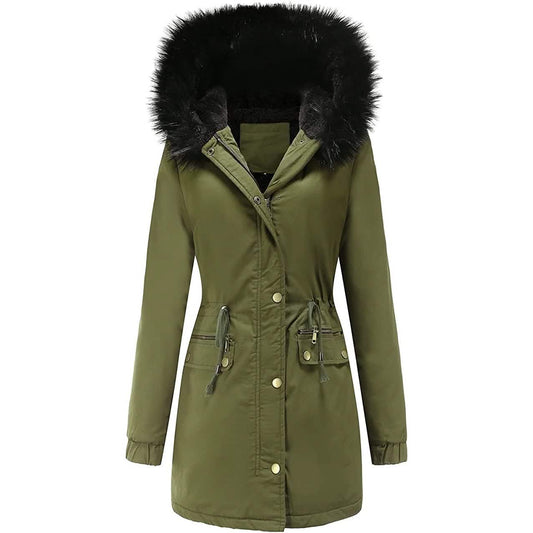 Damen Wintermantel Warm Dick Schwarz Fleece Gefüttert Weite Flauschige Kapuze Parka