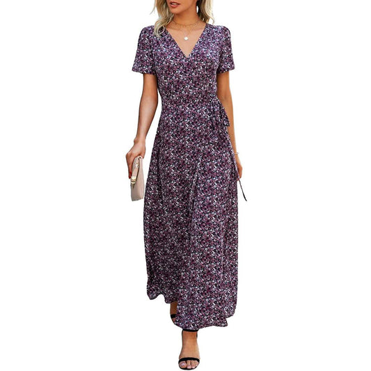 Damen Wickelkleid V-Ausschnitt Maxikleid Kurzarm Schlitz Freizeit Langes Kleid