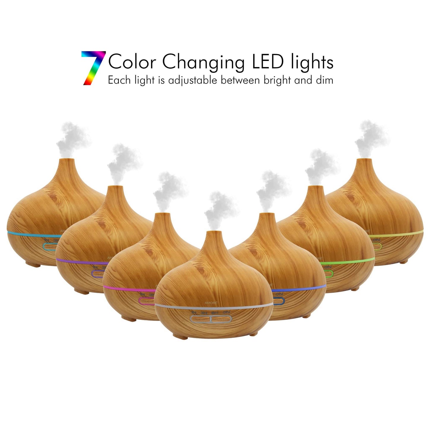 Ultraschall-Luftbefeuchter mit Holzmaserung und 7 farbigen LED-Leuchten