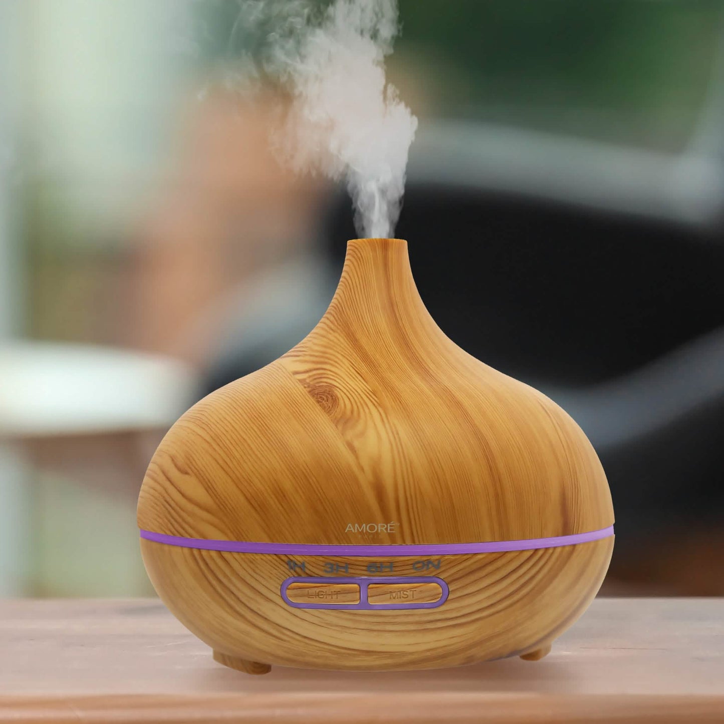 Ultraschall-Luftbefeuchter mit Holzmaserung und 7 farbigen LED-Leuchten