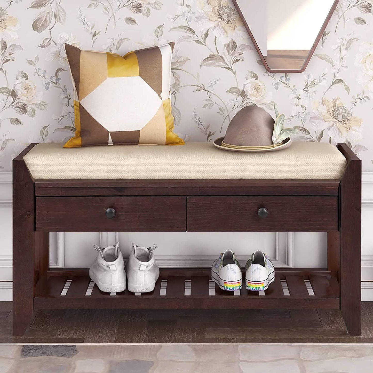 Holz-Sitzbank mit 2 Schubladen und Schuhregal
