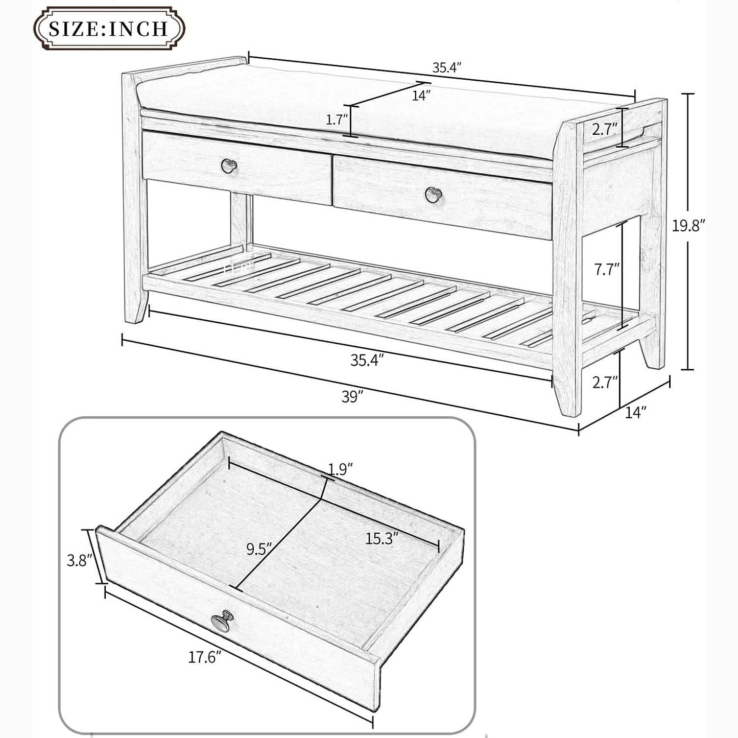 Holz-Sitzbank mit 2 Schubladen und Schuhregal
