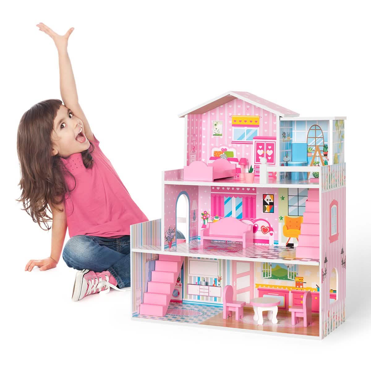 Hölzernes Puppenhaus mit Möbeln, Puppenhaus Spielset für Kinder