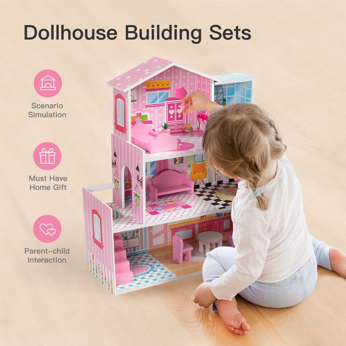 Hölzernes Puppenhaus mit Möbeln, Puppenhaus Spielset für Kinder