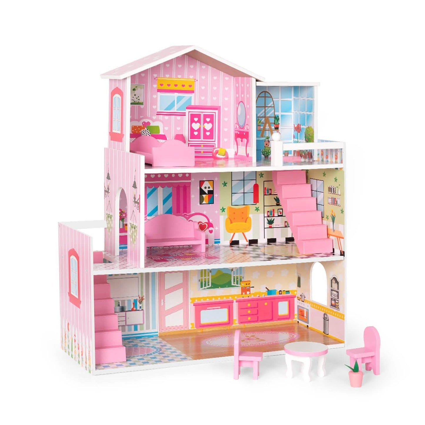 Hölzernes Puppenhaus mit Möbeln, Puppenhaus Spielset für Kinder