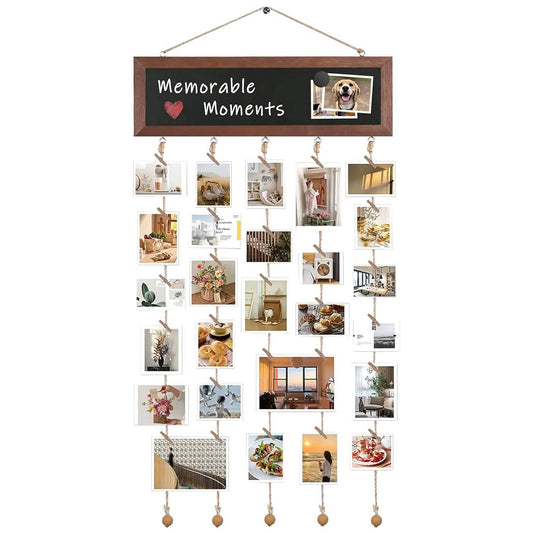 Bilderrahmen zum Aufhängen aus Holz, Schnur mit 30 Clips, beschreibbare Tafel