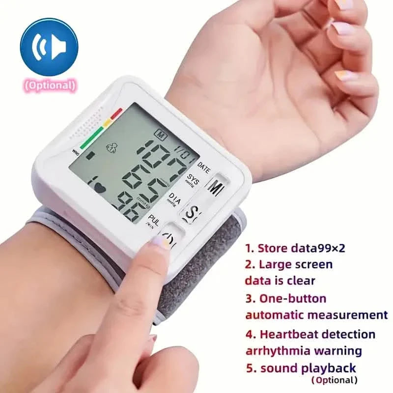 Handgelenk-Blutdruckmessgerät mit LCD-Anzeige, verstellbarer Manschette mit Erkennung von unregelmäßigem Herzschlag