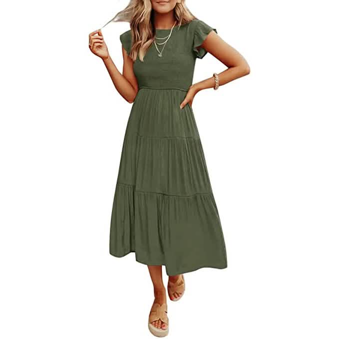 ZESICA Damen Sommer Midi-Kleid mit kurzen Volantärmeln und gesmoktem Oberteil